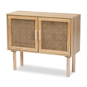 Baxton Studio Maclean Mid-Century Modern Rattan and Natural Brown Finished Wood 2-Door Sideboard Buffet